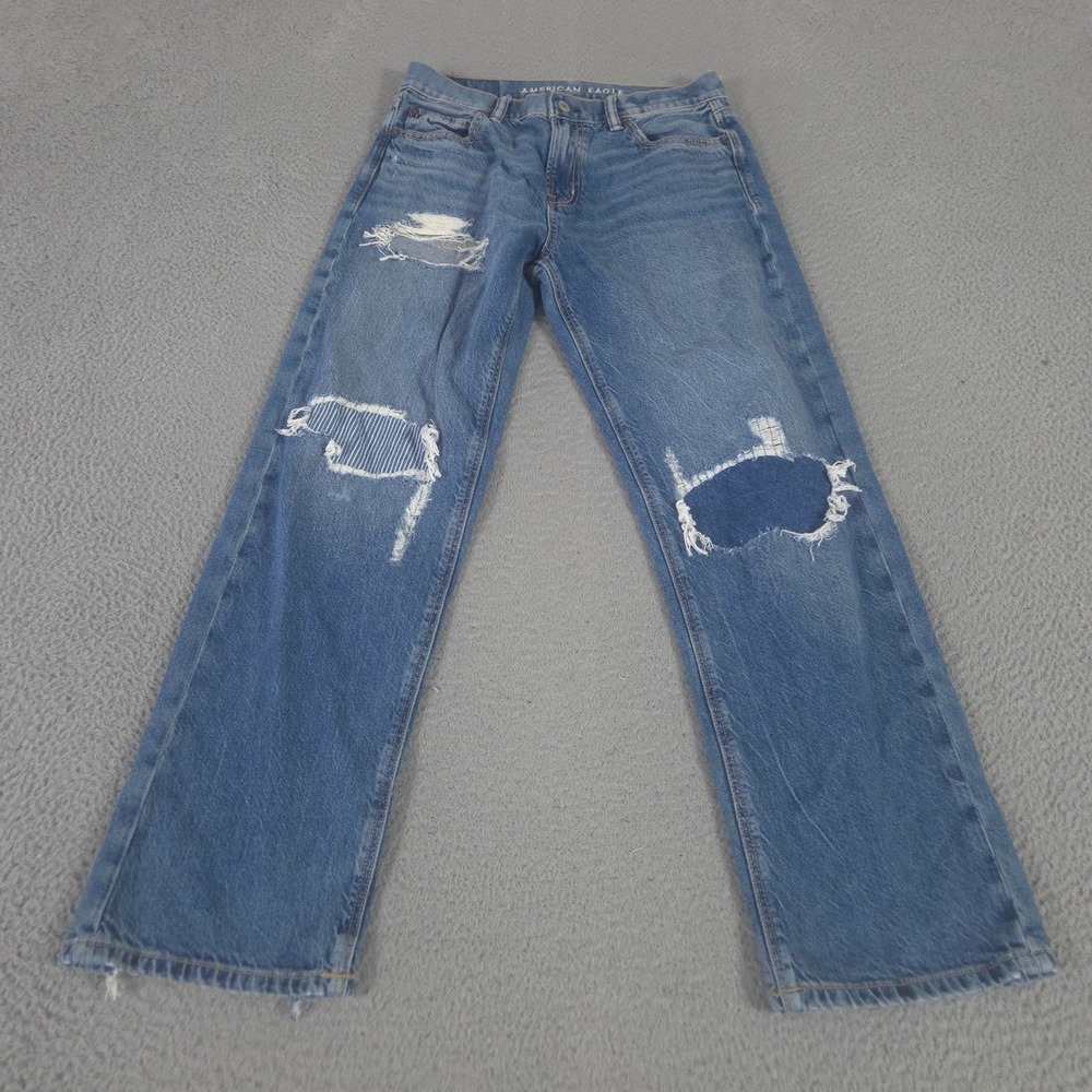 American Eagle Jeans Womens 4 Low-Rise Baggy Straight Distressed Ripped Denim